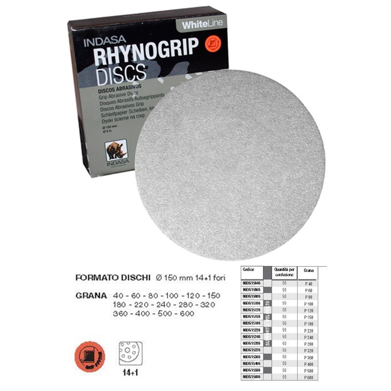 50 Discos Abrasivos Rhynogrip WhiteLine Velcro diam. 150 mm - INDASA